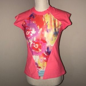 Onzie Pink floral rash guard spandex top M/ L